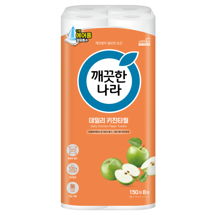 깨끗한나라 데일리 천연펄프 키친타월, 150매, 8개