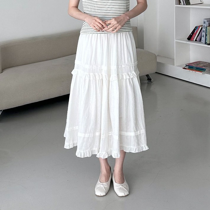 디어로라 여성용 통기성 프릴 밴딩 레이스 롱 스커트 PESK003