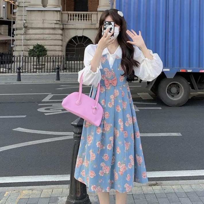 프렌치 소프트 스위트 플라워 멜빵 원피스넥 상의