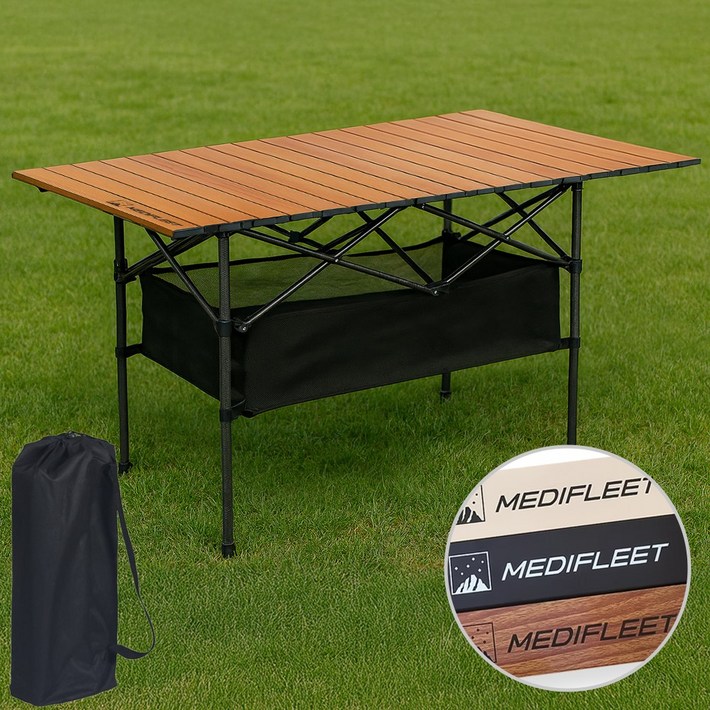 메디플릿 접이식 롤업 아웃도어 경량 캠핑 대형 테이블 수납 주머니 포함, 우드