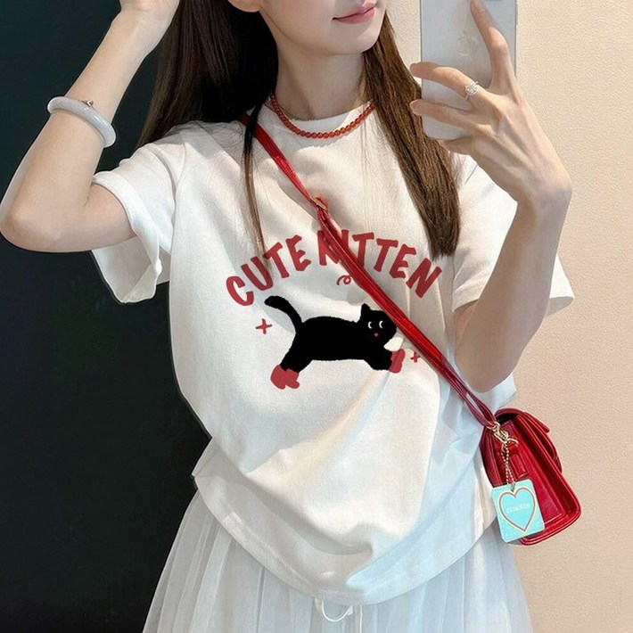 허블리 여성 프린팅 라운드넥 면 반팔 티셔츠