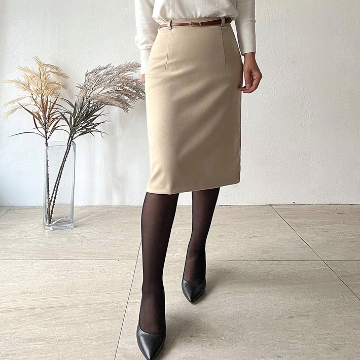 네모엔룩 여성용 폴윈베이직 기본라인 뒷트임 가을 겨울 정장 오피스룩 슬림 h라인 미디 스커트벨트미포함 NL