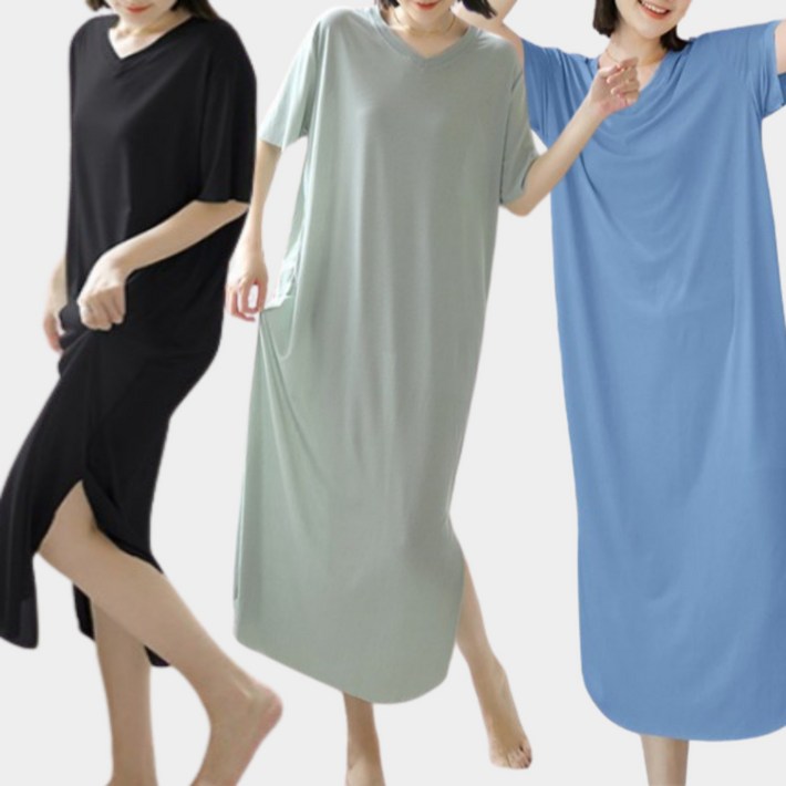 엔그로스 여성 쿨 반팔 롱 원피스 브이넥 옆트임 스판 루즈핏 치마