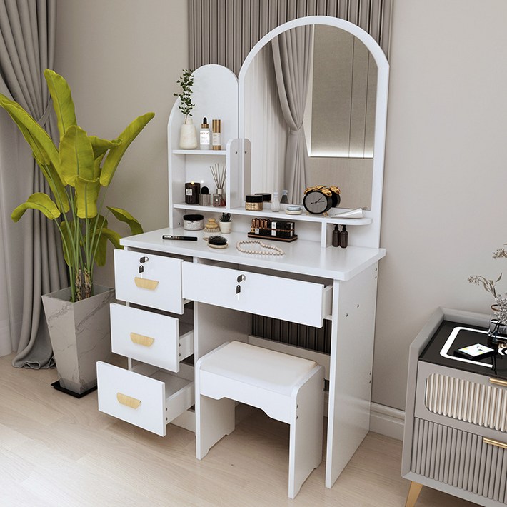 화장대 세트 다용도 입식 수납화장대 거울 서랍 화장대 서랍 수납 테이블 다용도 책상 럭셔리 화장대 스툴포함세트, 화이트
