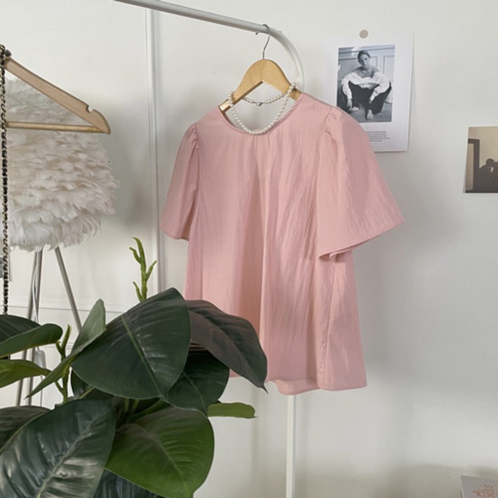 리리모드 뒷리본 벌룬 바스락 반팔 블라우스 구김없는 A라인 시원한 퍼프bl 러블리한 여름코디