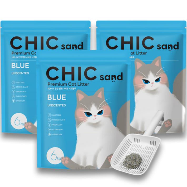 시크샌드 블루 먼지없는 벤토나이트 고양이 모래 6kg, 3팩