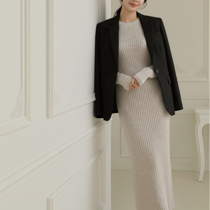 쁘띠엘라 발목기장 롱 원피스 라운드 골지 니트