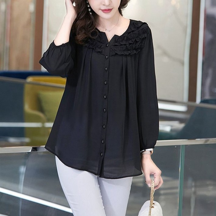 ROYALBELLE 여성 루즈핏 9부 소매 심플 캐주얼 엄마옷 빅사이즈 쉬폰 블라우스 K011605