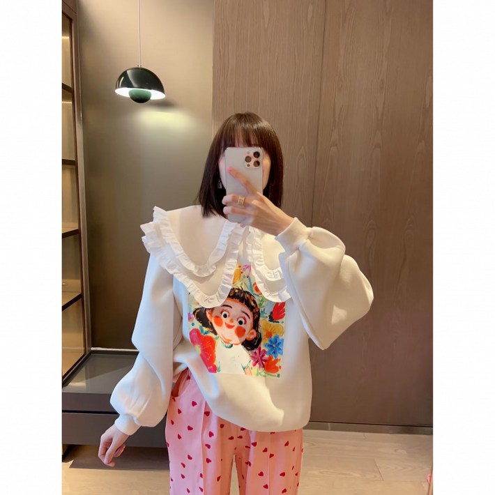 여성용 캐주얼 봄 가을 귀여운 프린트 프릴 장식 면 소재 스웨트셔츠rll