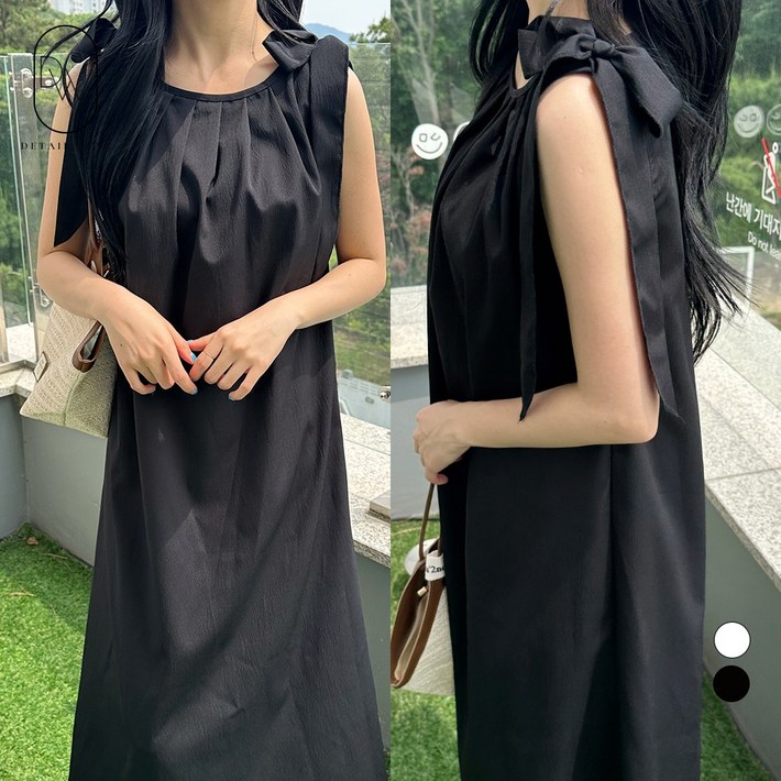 디테일웨어 여성 숄더 뒤트임 민소매 롱원피스 임부복 빅사이즈 A라인 원피스 리본 스트랩 시원한 여름 원피스 휴양지룩