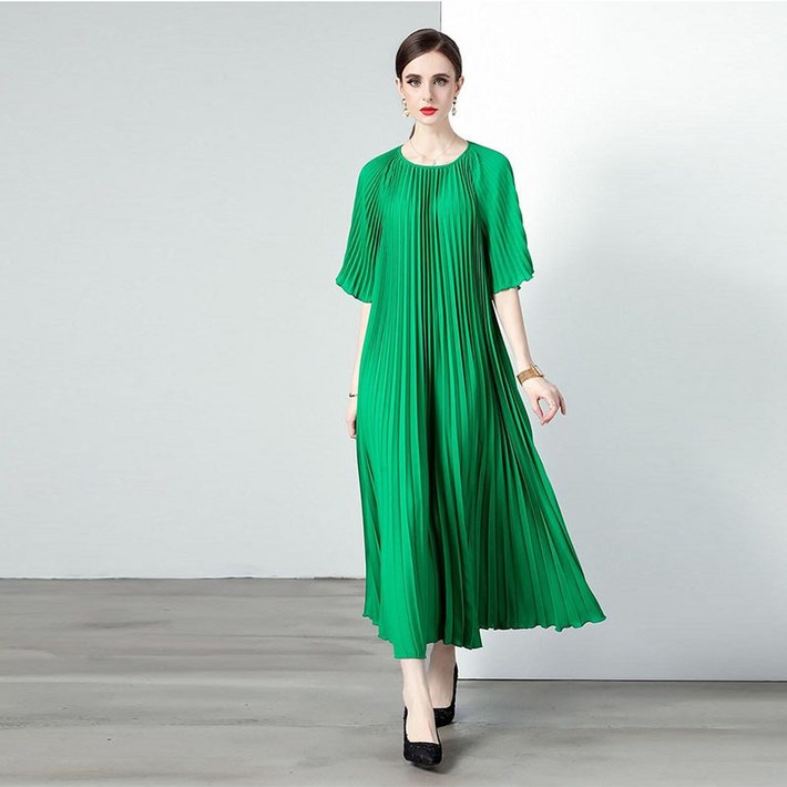 루스리더 여성 고급 라운드넥 쉬폰 벨트 주름 원피스 M96