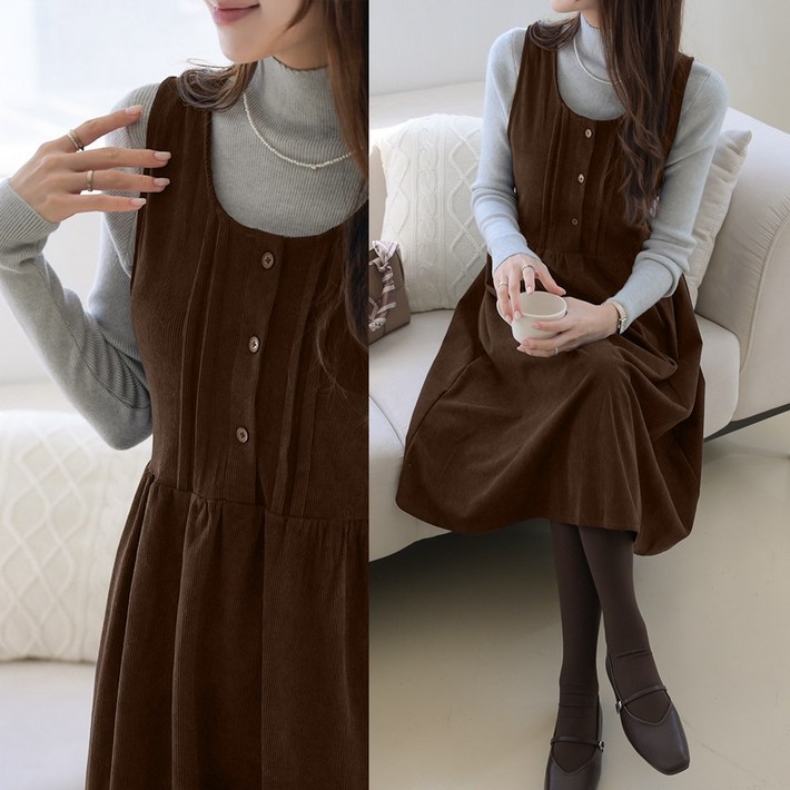 데일리앤 넨더슨 코듀로이 골덴 멜빵 뷔스티에 스트링 롱 원피스 봄 가을 겨울