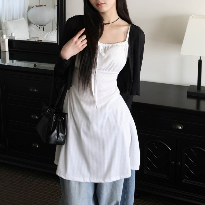 슈가언니 여리여리 레이어드 리본 끈 미니 나시 원피스