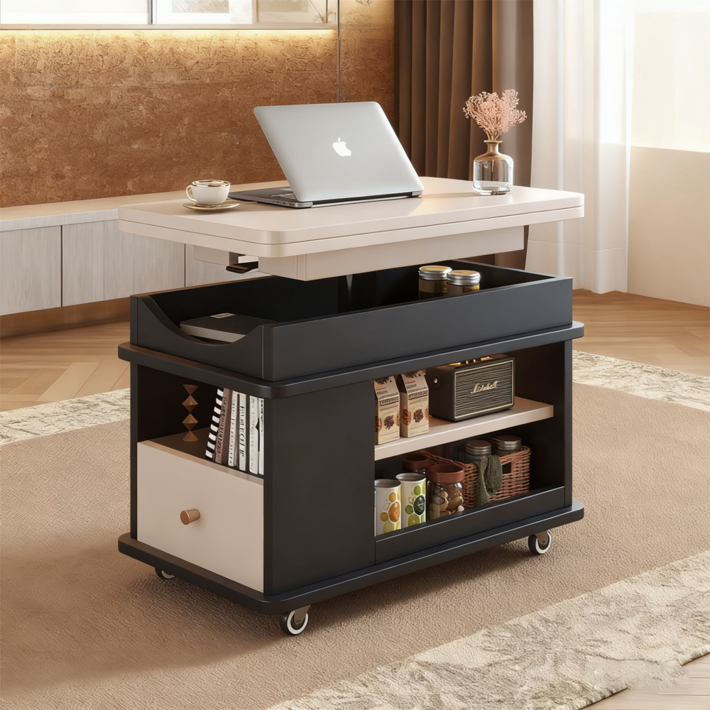 모던 이동식 수납 리프트업 테이블 소파테이블 높이조절 거실쇼파테이블 커피테이블 티테이블, 블랙화이트