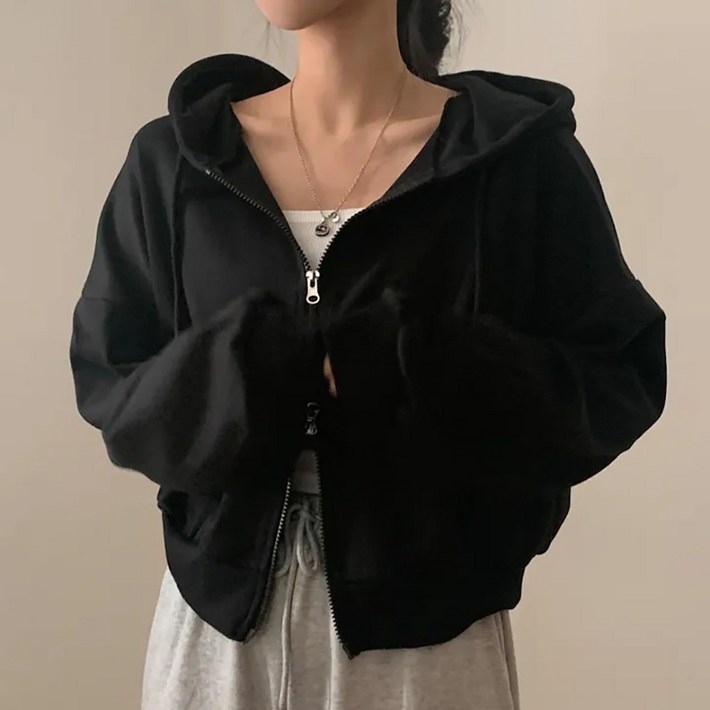 ZCBV발편한 따뜻 방한 크롭 긴팔 여성 후드집업 루즈핏 포켓코트