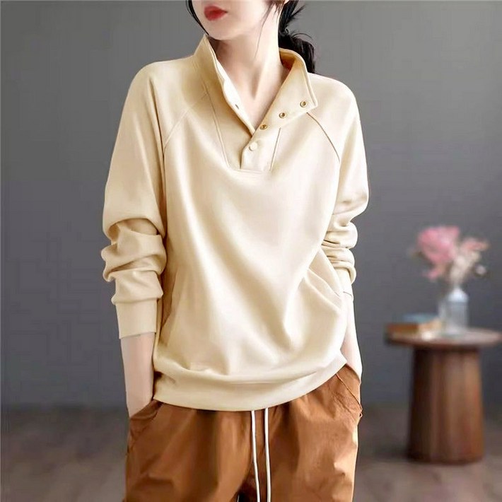 ORZQU 봄가을 여성 반하이넥 루즈핏 캐주얼 코디 심플 맨투맨 상의