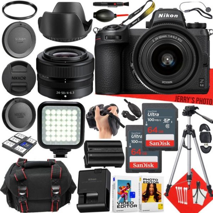 카메라 렌즈 파우치 커버 백 보관 니콘 Z6 II 미러리스 카메라, 니코 Z 2450mm f46.3 2pc 64GB 메모리 LED 라이트 케이스 삼각대 기타 28pc 번들