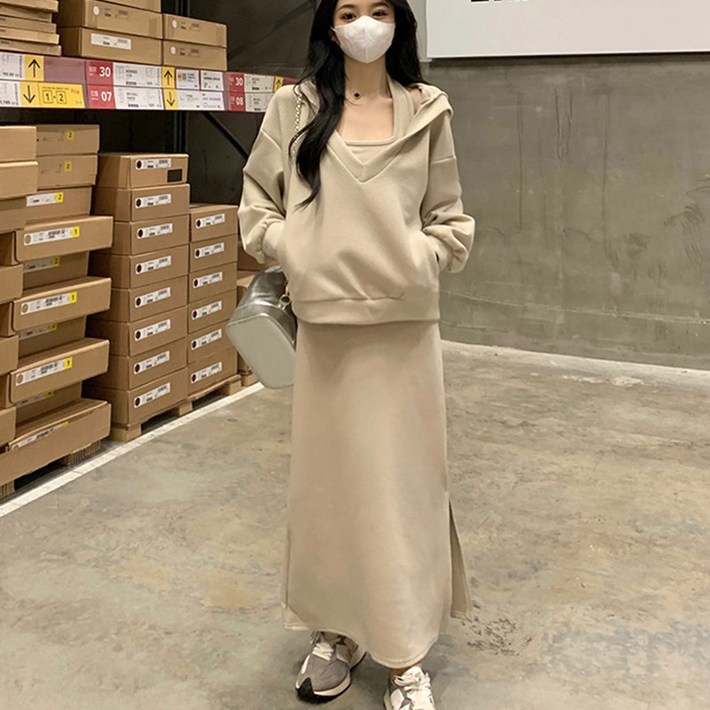 COSYEVNO 봄 맨투맨 원피스 세트 루즈핏 빅사이즈 패션 후드티홀터넥 롱스커트 투피스