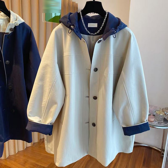 여성 배색 후드 트렌치 자켓 봄가을 루즈핏 미디기장 데일리 캐주얼 아우터