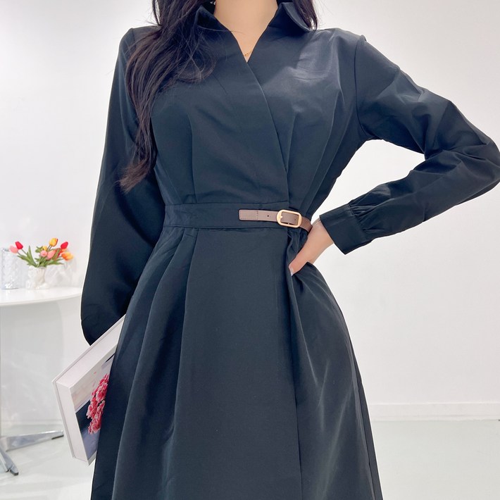 투디 오픈카라 벨티드 셔츠 플레어 롱원피스 하객룩, 3컬러