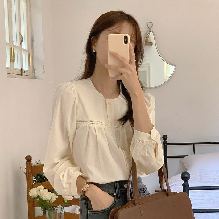 뉴데이여성 퍼프 긴팔블라우스 하객룩 출근룩 데이트룩 오피스룩 러블리블라우스 라운드블라우스