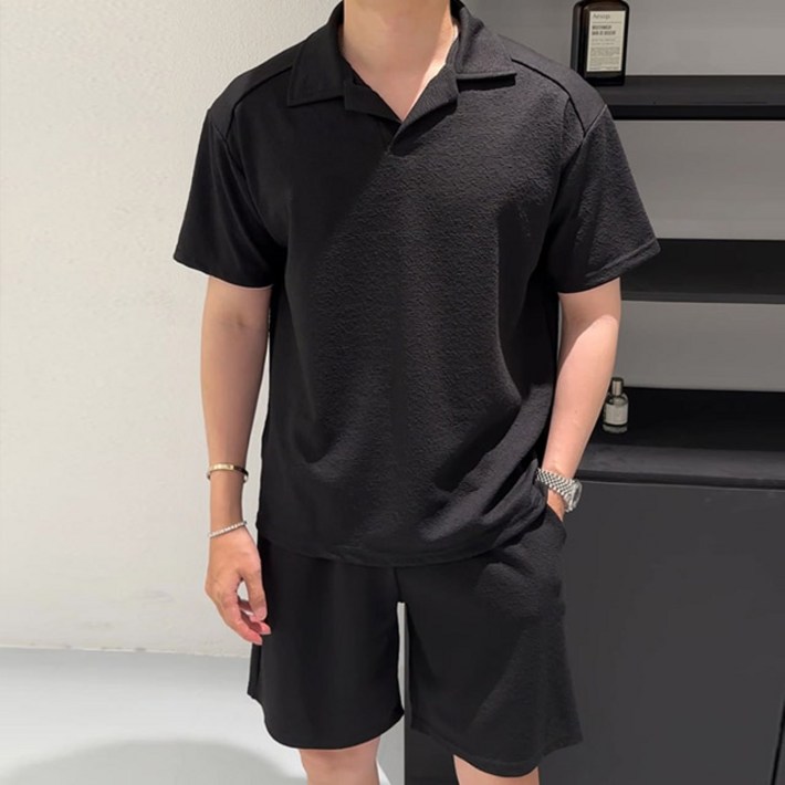 치트키 루셀 썸머 텍스처 카라 데일리 반팔 셋업