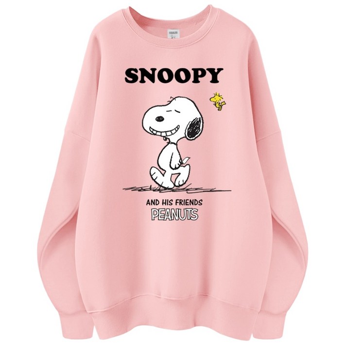 스누피 정품 남녀공용 오버핏 캐릭터 라운드 맨투맨 빅사이즈 데일리 티 루즈핏 커플 티셔츠 남자 여성 롱티 단체티 해피스누피