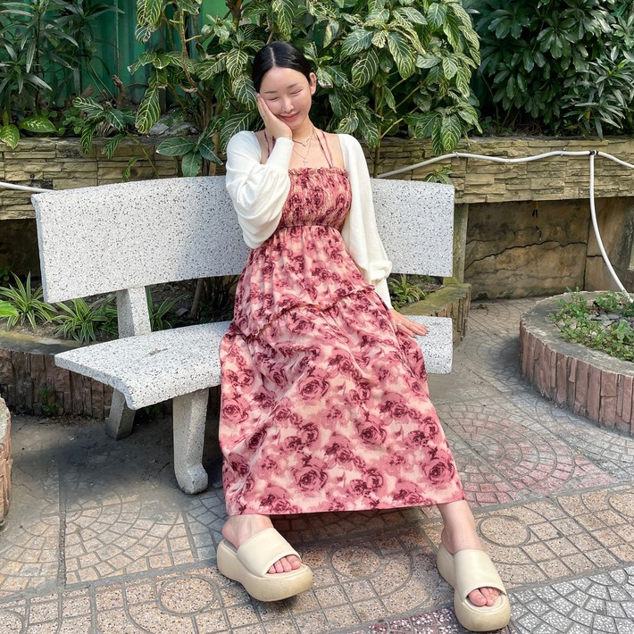 L4XL빅사이즈 로제 원피스 레이어드 스모크밴딩 홀터 오프숄더 플라워 프릴 레이어드 여름 휴양지 비치 동남아 여행룩 롱원피스