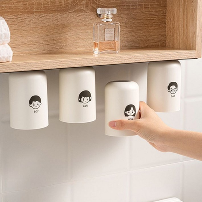 샤인홈리빙 무타공 마그넷 접착식 스테인리스 거꾸로 양치컵 4P, 4개, 화이트