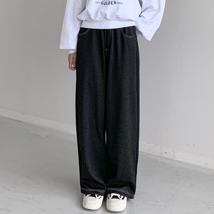 행복여 탠스 스티치 배색 스판 밴딩 와이드 팬츠