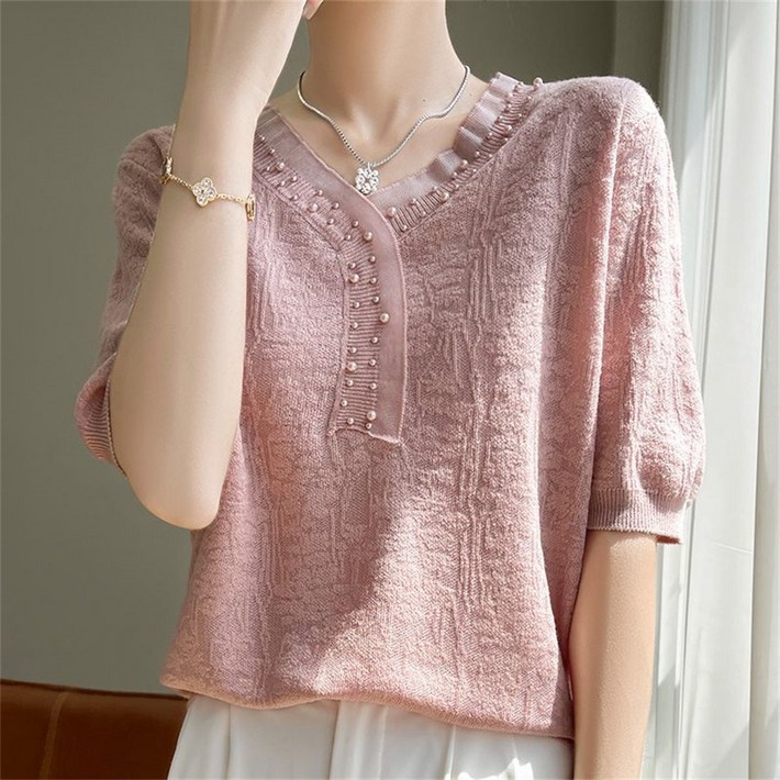 besteffie 여성용 고급스러운 스타일 봄 가을 반소매 얇은 반팔 니트 진주 장식 V넥 러플 디자인 JX55
