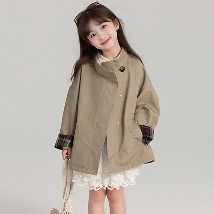 UPPERCUT 여아 체크 소매 배색 하프 트렌치코트 초등학생 하이넥코트 간절기코트 봄가을코트 바바리코트