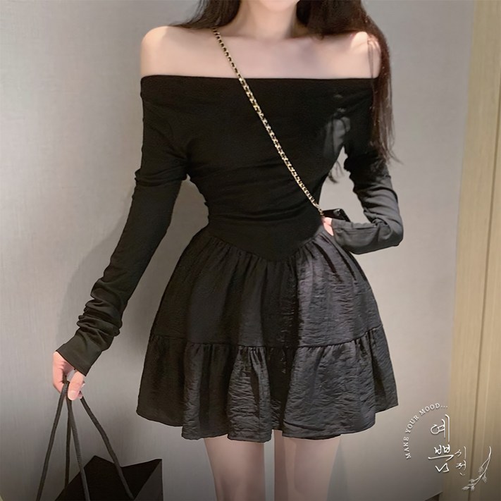 예쁨시전 로맨틱 무드 셔링 오프숄더 플레어 긴팔 미니 원피스