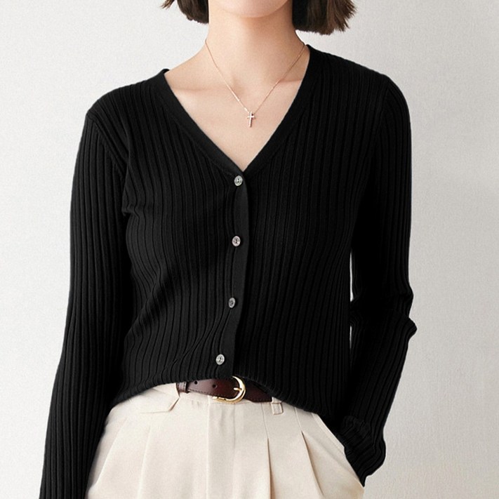 온미올렛 신축성 좋은 여성 브이넥 골지 니트 가디건