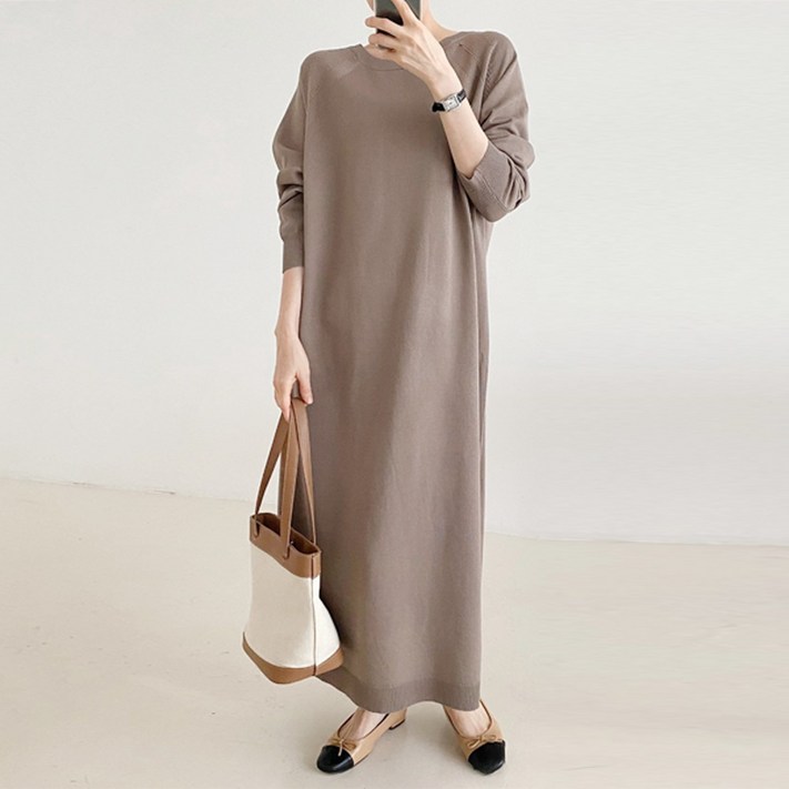 티탁 여성용 빅사이즈 데일리 루즈핏 라운드넥 무지 H라인 옆트임 코지 니트 롱 원피스