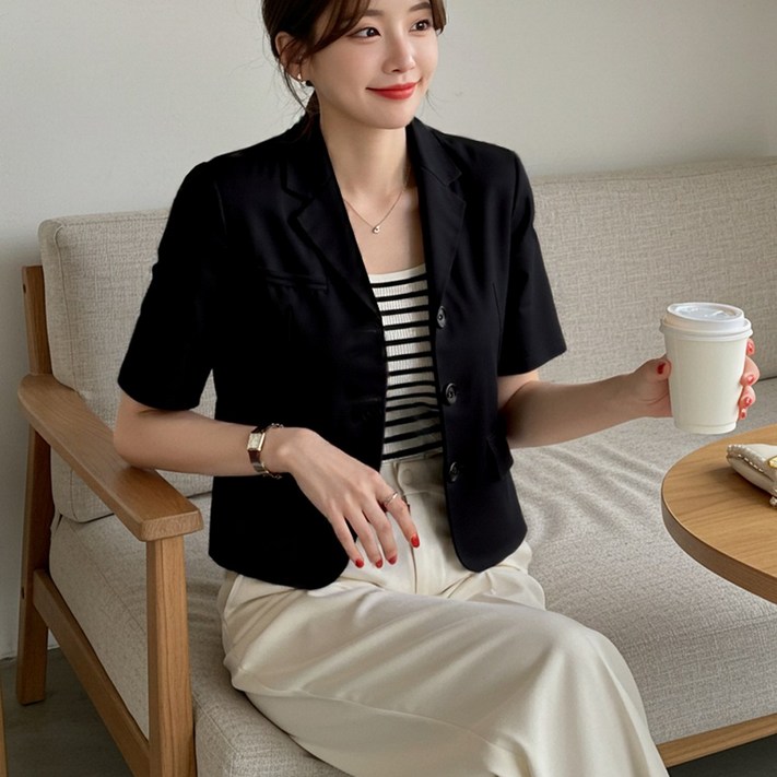 숏 반팔 여성 자켓 여름 캐주얼 카라넥 정장 싱글 재킷