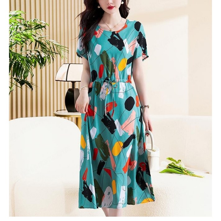후드롱원피스 실크 리본 원피스  원피스 세련된 분위기의 신제품 면염료 원피스 여름 새로운 꽃무늬 엄마 예쁘게 보이는 인조면 스커트