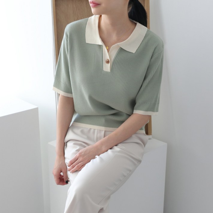 여성용 설리 카라 반팔 니트티