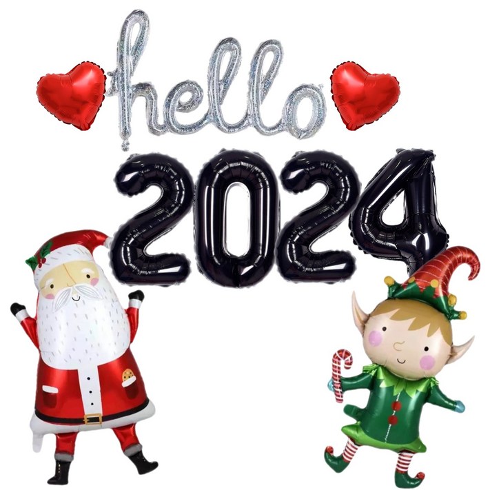 쏙쏙마켓 헬로 2024 산타와 요정 풍선 장식 세트 새해 크리스마스, 블랙 세트