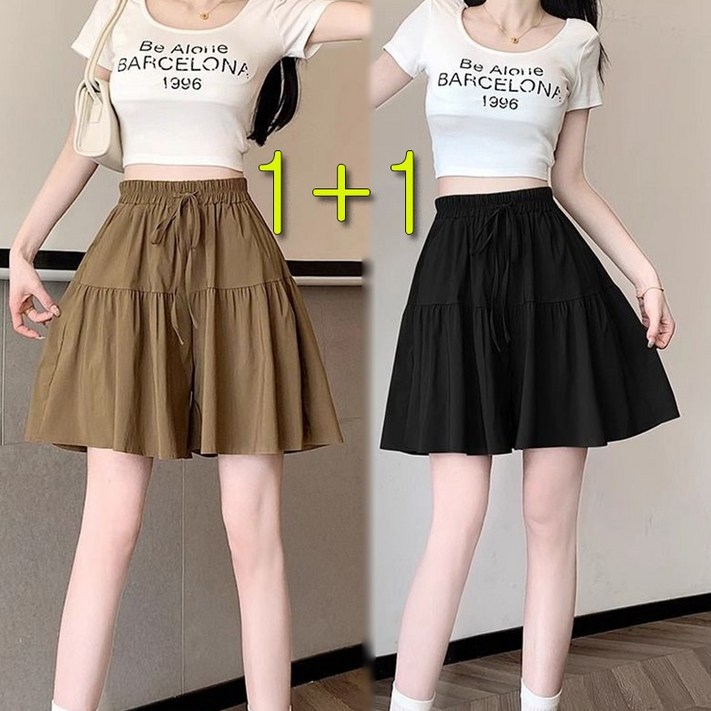 POMTOR 11여성 루즈핏 시원한 A라인 5부 면 밴딩 반바지 치마 바지