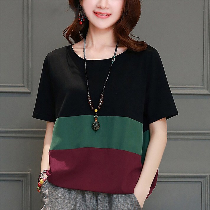 Vezri 중년여성용 여름 편안한 루즈핏 반팔 티셔츠 빅사이즈 Acc