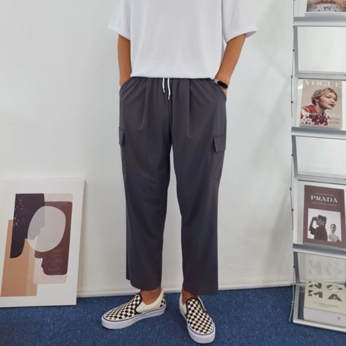 딥스토어 아이스 남자 여름 빅사이즈 카고 스판 핀턱 9부 세미 와이드 팬츠