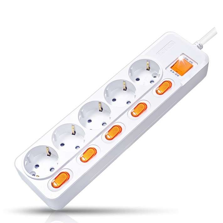 국산 접지 개별 과부하차단 스위치 멀티탭 멀티콘센트 5구 16A, 화이트빨간스위치, 1개, 1.5m