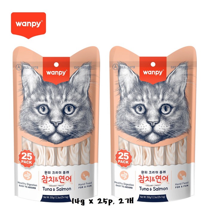 완피 크리미 퓨레 14g x 25p x 2봉, 짜먹는 고양이 츄르 간식, 14g 50개, 2팩