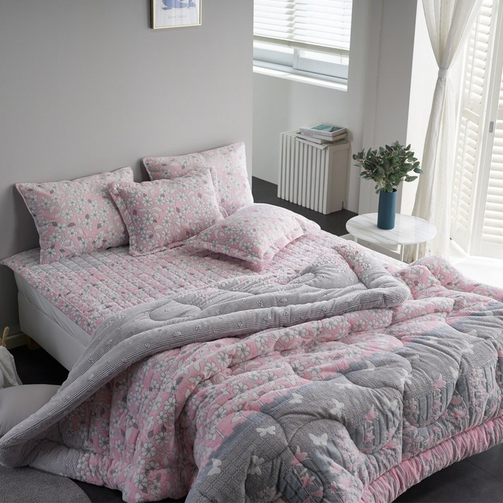 플로리 5mm 착번아웃 인조밍크극세사 차렵이불  침대패드  베개커버 세트