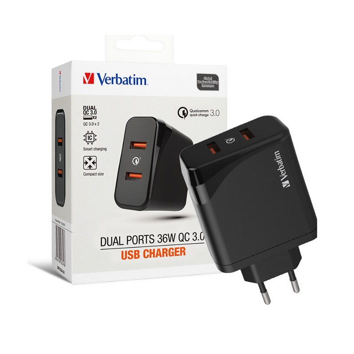 버바팀 QC 3.0 36W 듀얼포트 가정용 고속 충전기, 블랙, 1개