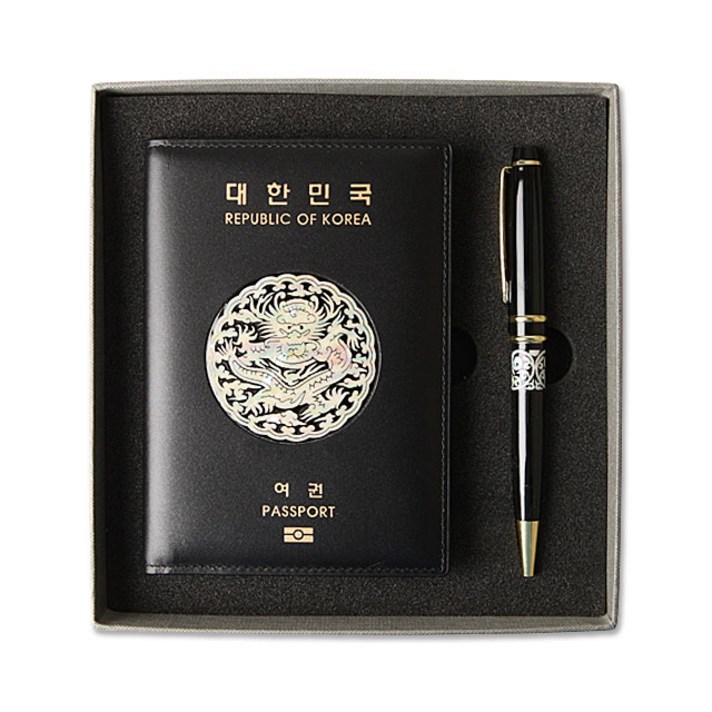 자개 가죽 여권케이스 + 자개 볼펜 세트, 1세트, 블랙