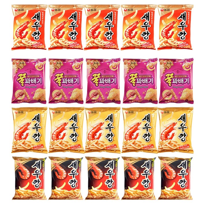 농심 인기스낵 모음, 꿀꽈배기 90g x 5p + 새우깡 90g x 5p + 쌀새우깡 80g x 5p + 매운새우깡 90g x 5p, 1세트