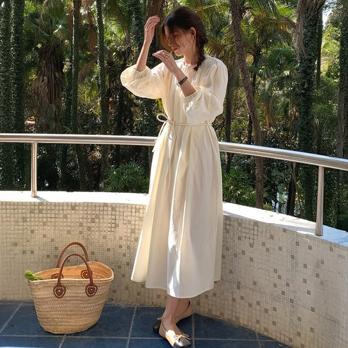 여성용 허쉬 베이직 셔링 코튼 롱 원피스