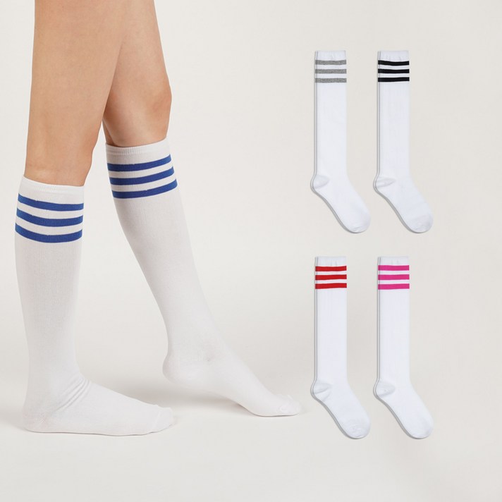 노디자인 여성용 봄 컬러 삼선 니삭스 양말 5족